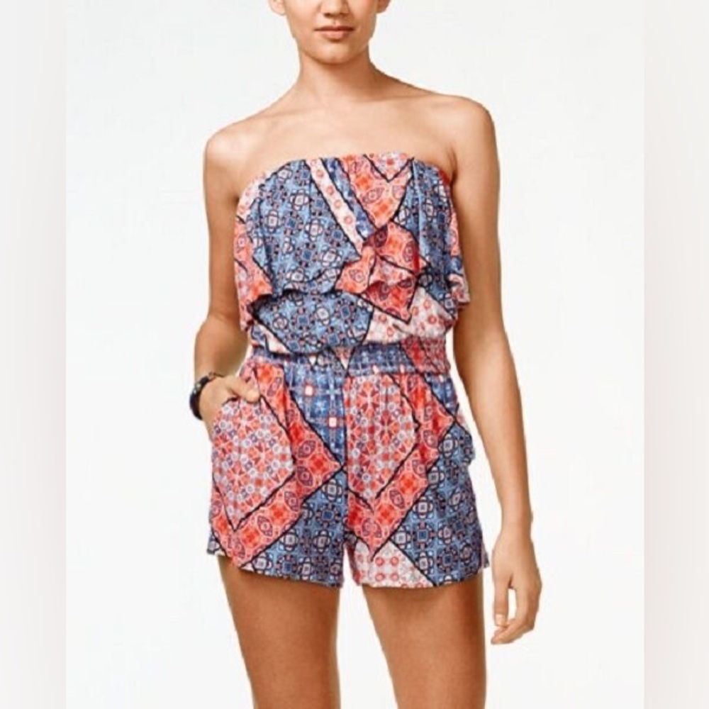 Jessica Simpson Nalan Red-Multi Bandana Print Strapless Flounce Jersey Romper